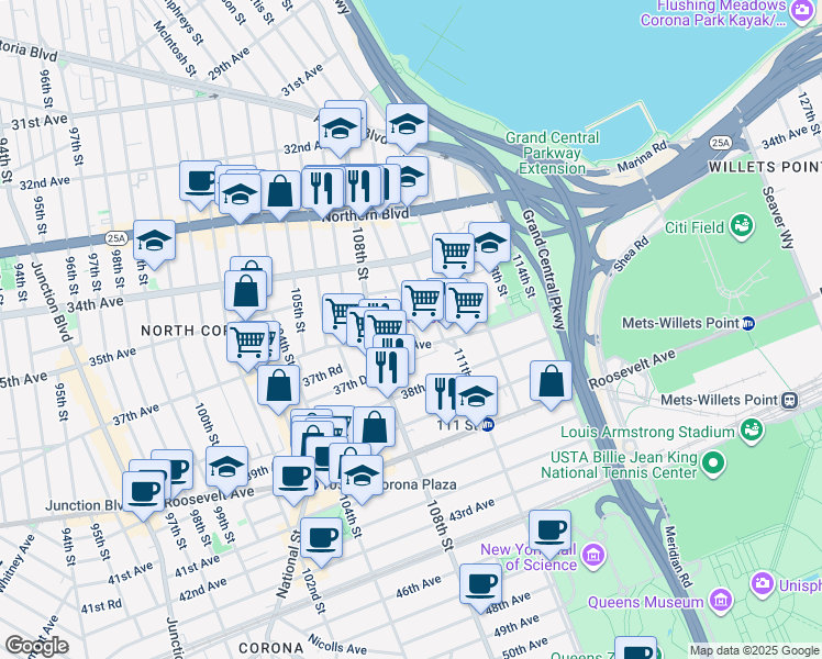 map of restaurants, bars, coffee shops, grocery stores, and more near 35-27 109th Street in Queens