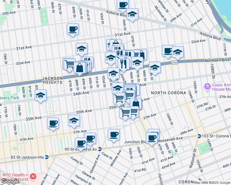 map of restaurants, bars, coffee shops, grocery stores, and more near 33-44 93rd Street in Queens