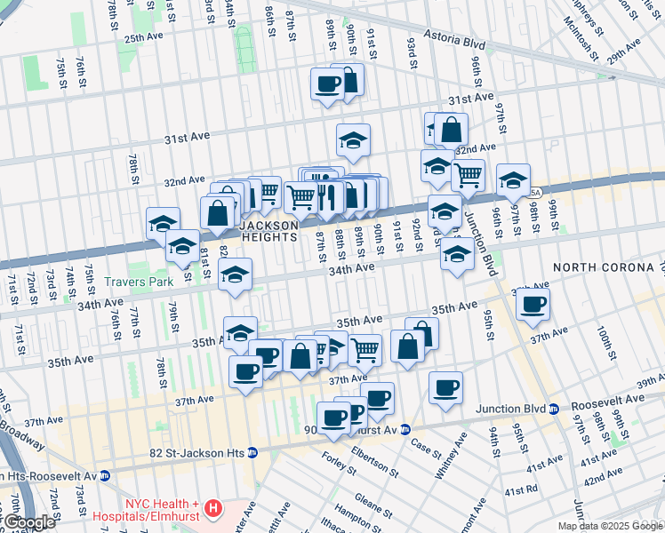 map of restaurants, bars, coffee shops, grocery stores, and more near 33-41 88th Street in Queens