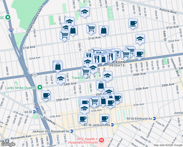 map of restaurants, bars, coffee shops, grocery stores, and more near 80-01 Northern Boulevard in Queens