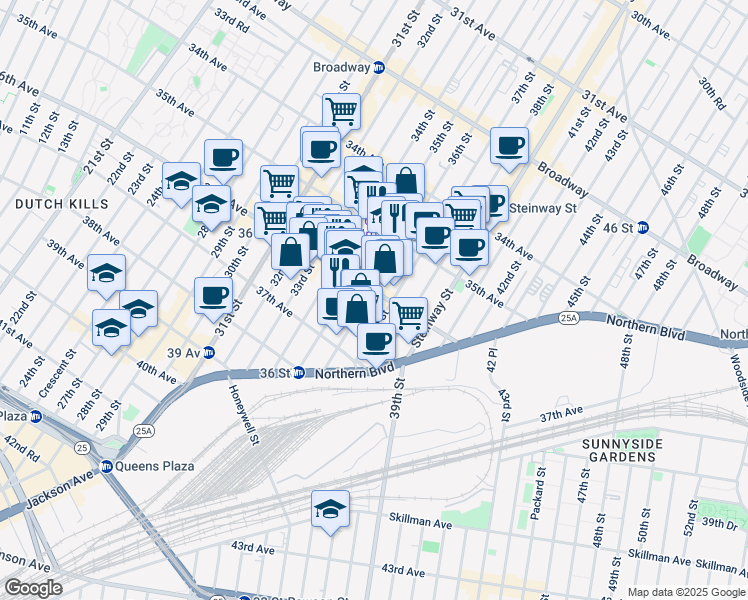 map of restaurants, bars, coffee shops, grocery stores, and more near in Queens