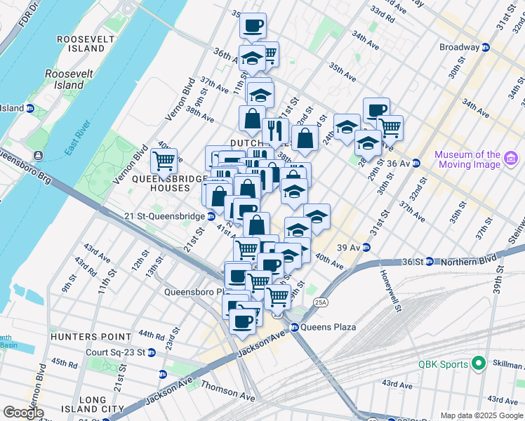 map of restaurants, bars, coffee shops, grocery stores, and more near 39-25 22nd Street in Queens