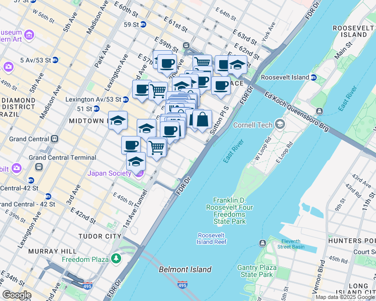 map of restaurants, bars, coffee shops, grocery stores, and more near 436 East 53rd Street in New York