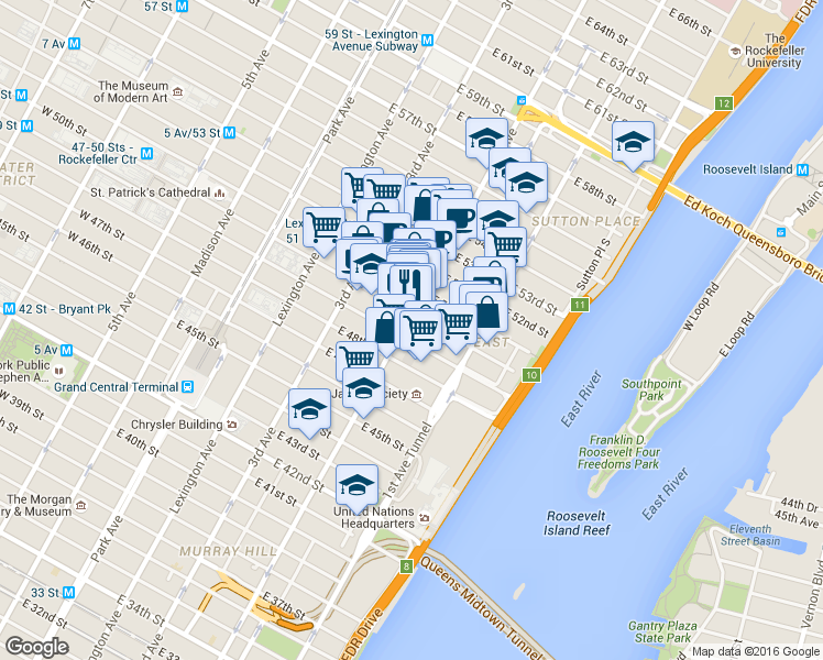 map of restaurants, bars, coffee shops, grocery stores, and more near 249 East 48th Street in New York