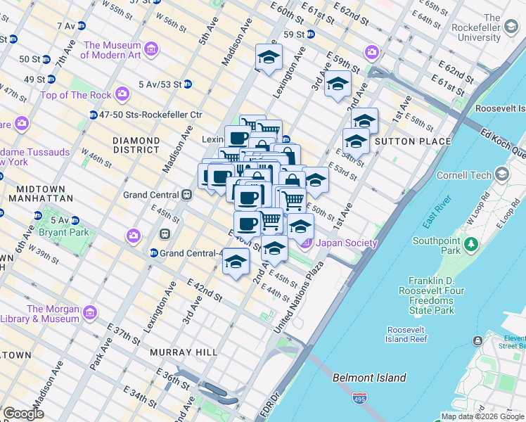 map of restaurants, bars, coffee shops, grocery stores, and more near 199 East 49th Street in New York