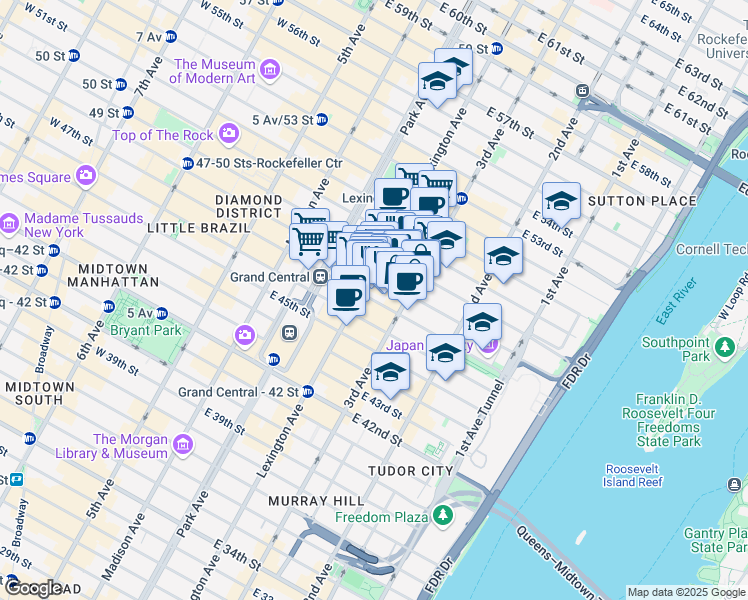 map of restaurants, bars, coffee shops, grocery stores, and more near 525 Lexington Avenue in New York