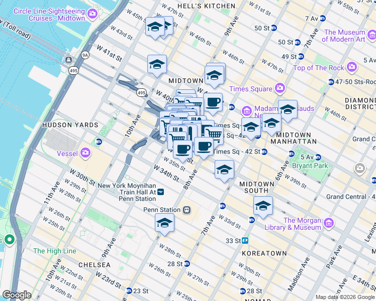 map of restaurants, bars, coffee shops, grocery stores, and more near in New York