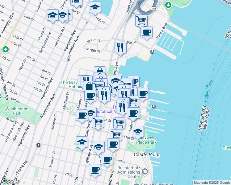 map of restaurants, bars, coffee shops, grocery stores, and more near 1501 Park Avenue in Hoboken