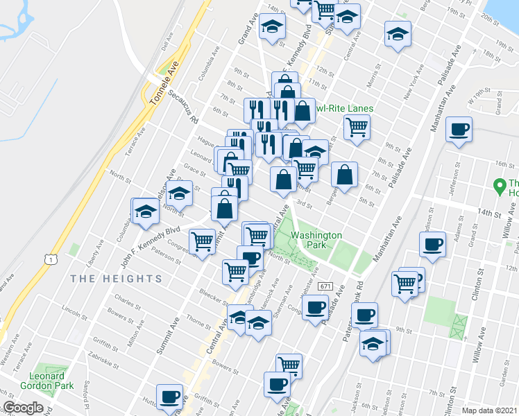 map of restaurants, bars, coffee shops, grocery stores, and more near 23 Leonard Street in Jersey City