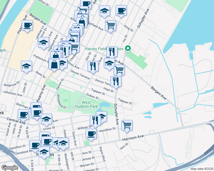 map of restaurants, bars, coffee shops, grocery stores, and more near 253 Wilson Avenue in Kearny