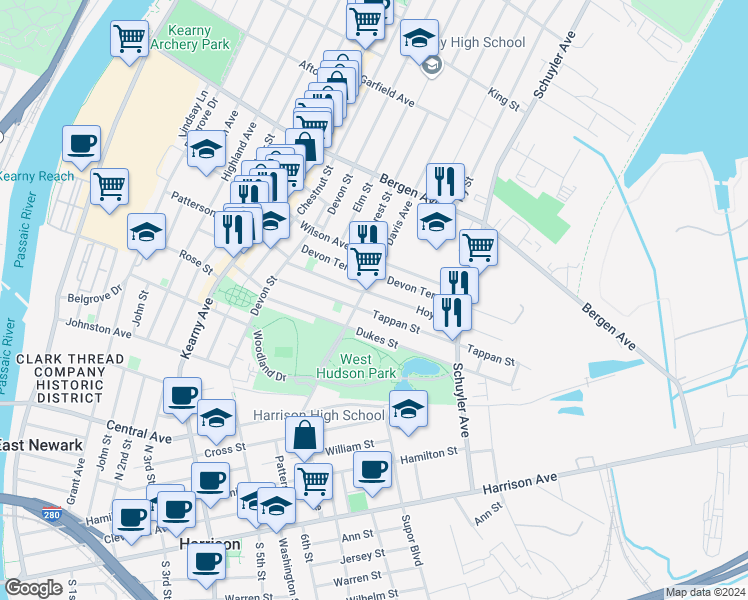 map of restaurants, bars, coffee shops, grocery stores, and more near 130 Hoyt Street in Kearny