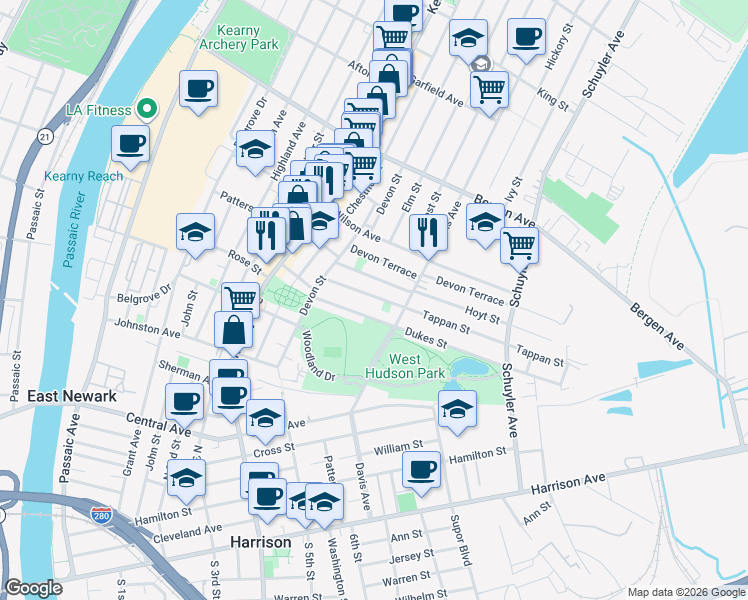 map of restaurants, bars, coffee shops, grocery stores, and more near 94 Hoyt Street in Kearny