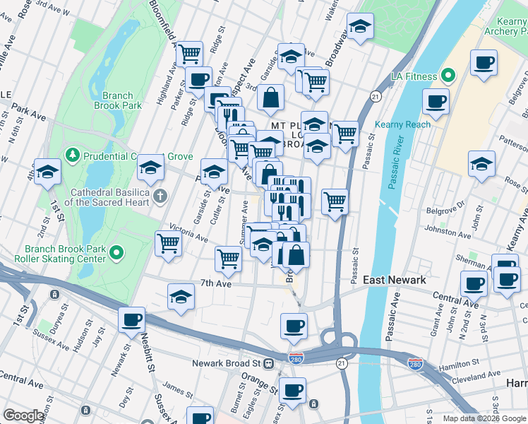 map of restaurants, bars, coffee shops, grocery stores, and more near 45 Bloomfield Avenue in Newark