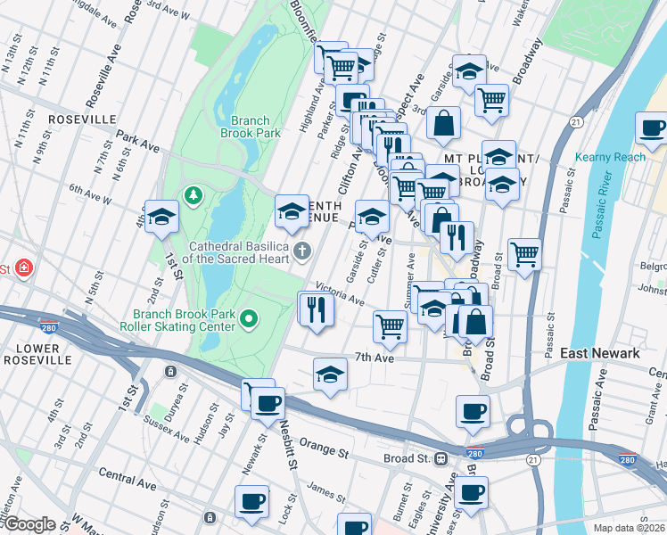 map of restaurants, bars, coffee shops, grocery stores, and more near 109 Mount Prospect Avenue in Newark