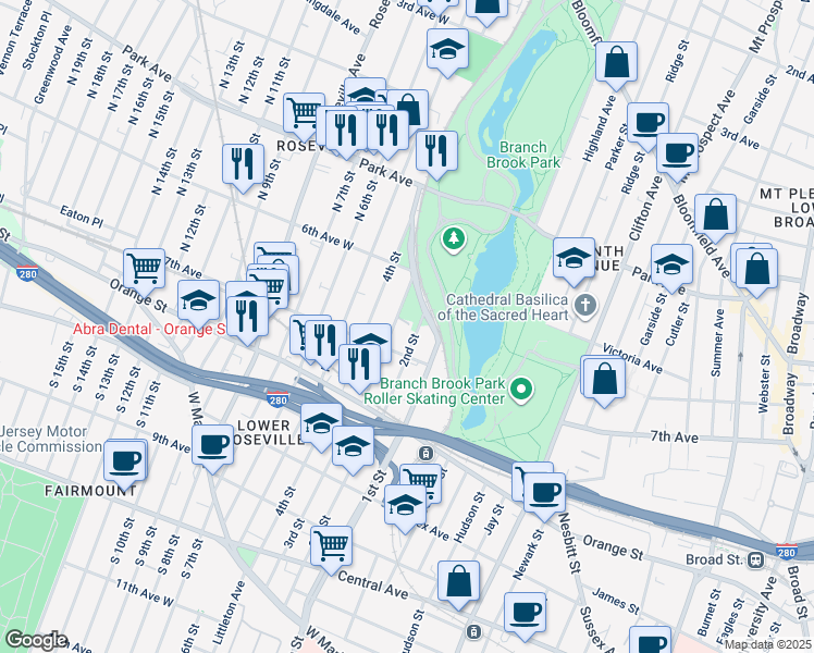 map of restaurants, bars, coffee shops, grocery stores, and more near 20 1st Street in Newark