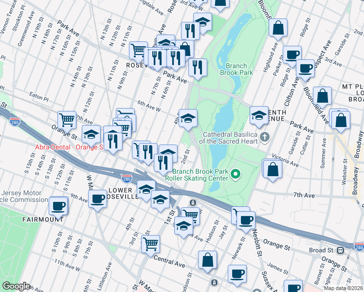 map of restaurants, bars, coffee shops, grocery stores, and more near 20 1st Street in Newark