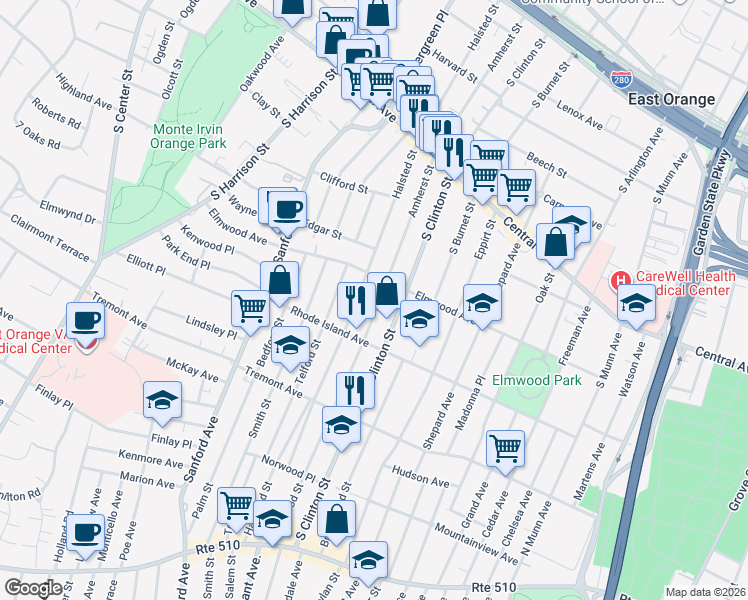 map of restaurants, bars, coffee shops, grocery stores, and more near 361 Halsted Street in East Orange