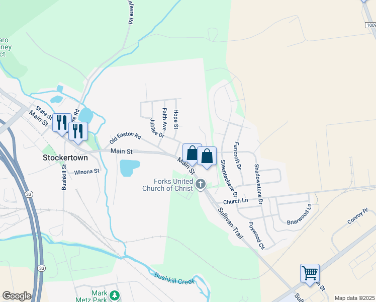 map of restaurants, bars, coffee shops, grocery stores, and more near 302 Birch Street in Easton