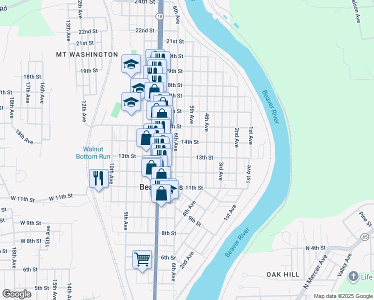 map of restaurants, bars, coffee shops, grocery stores, and more near 520 14th Street in Beaver Falls