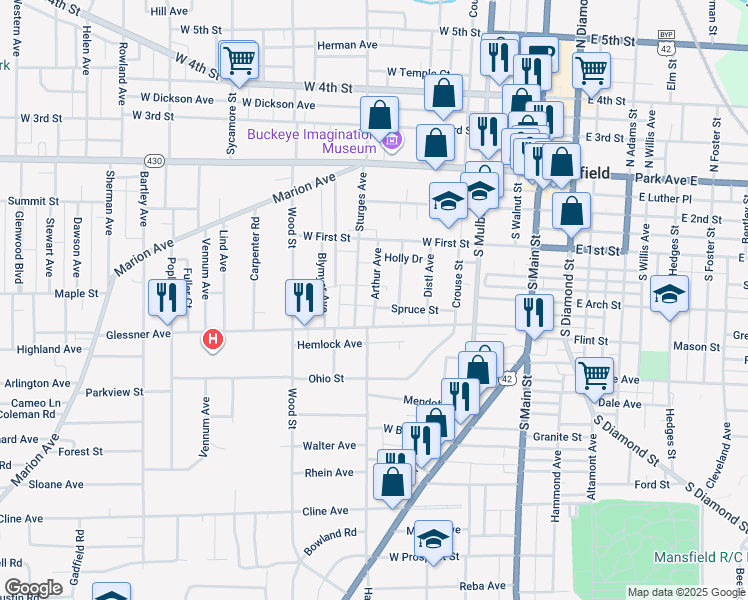map of restaurants, bars, coffee shops, grocery stores, and more near 137 Arthur Avenue in Mansfield