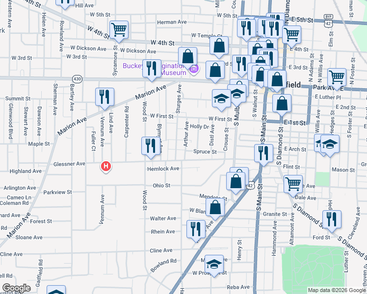 map of restaurants, bars, coffee shops, grocery stores, and more near 137 Arthur Avenue in Mansfield