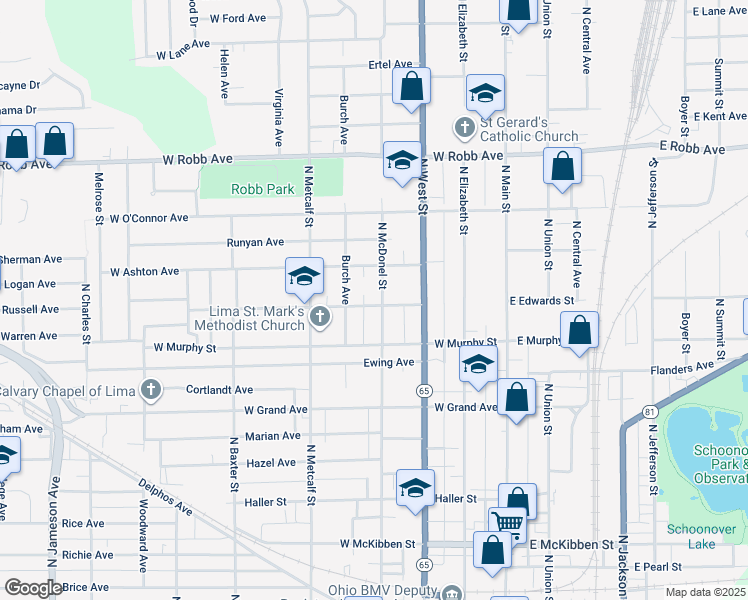 map of restaurants, bars, coffee shops, grocery stores, and more near 1037 North McDonel Street in Lima
