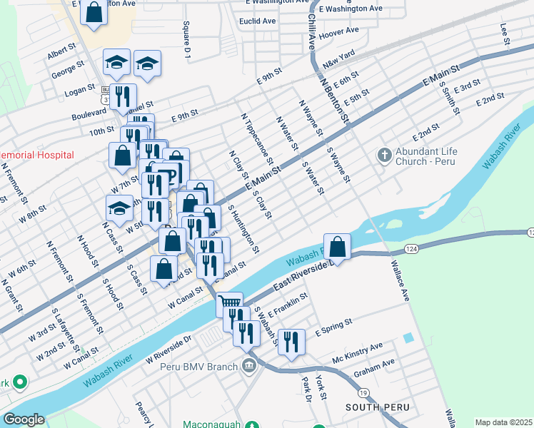 map of restaurants, bars, coffee shops, grocery stores, and more near 26-48 South Clay Street in Peru