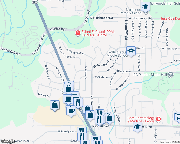 map of restaurants, bars, coffee shops, grocery stores, and more near 5509 North Hamilton Road in Peoria