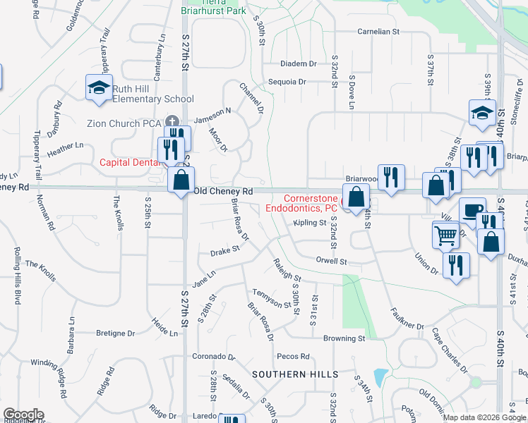 map of restaurants, bars, coffee shops, grocery stores, and more near 2914 Londonshire Court in Lincoln