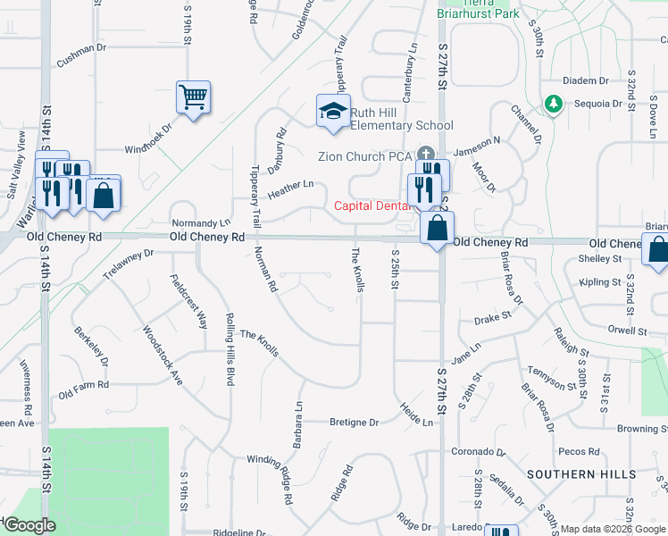 map of restaurants, bars, coffee shops, grocery stores, and more near 5707 The Knolls in Lincoln