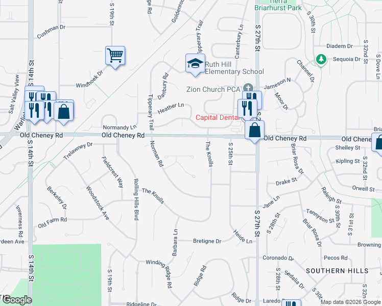 map of restaurants, bars, coffee shops, grocery stores, and more near 2333 Old Cheney Road in Lincoln