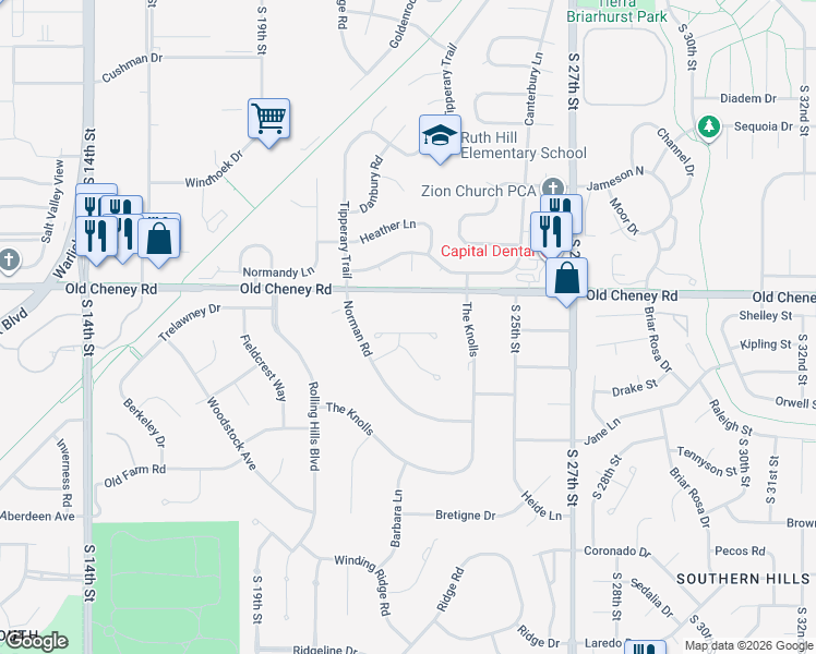 map of restaurants, bars, coffee shops, grocery stores, and more near 2333 Old Cheney Road in Lincoln