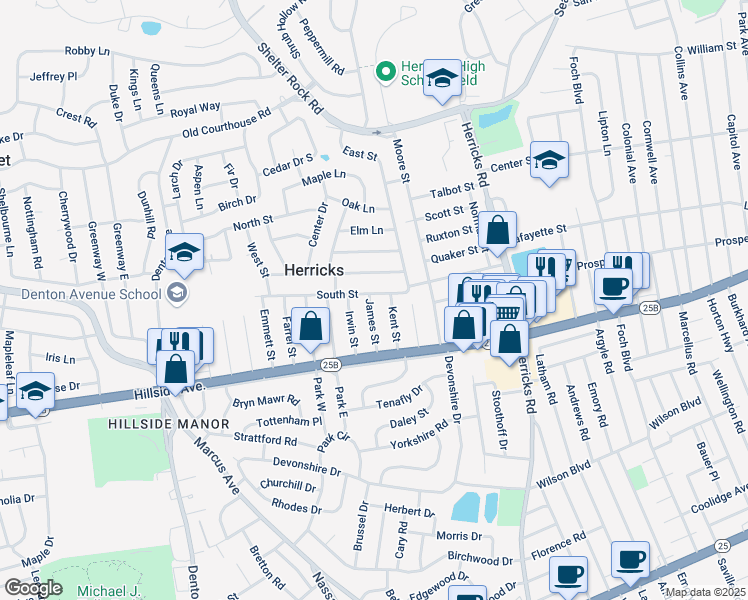 map of restaurants, bars, coffee shops, grocery stores, and more near 196 Pine Street in New Hyde Park
