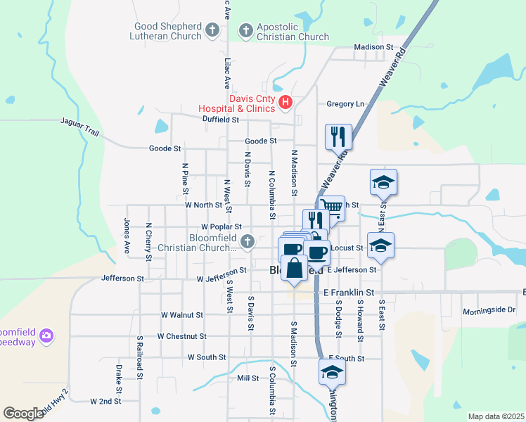 map of restaurants, bars, coffee shops, grocery stores, and more near 401-499 North Columbia Street in Bloomfield