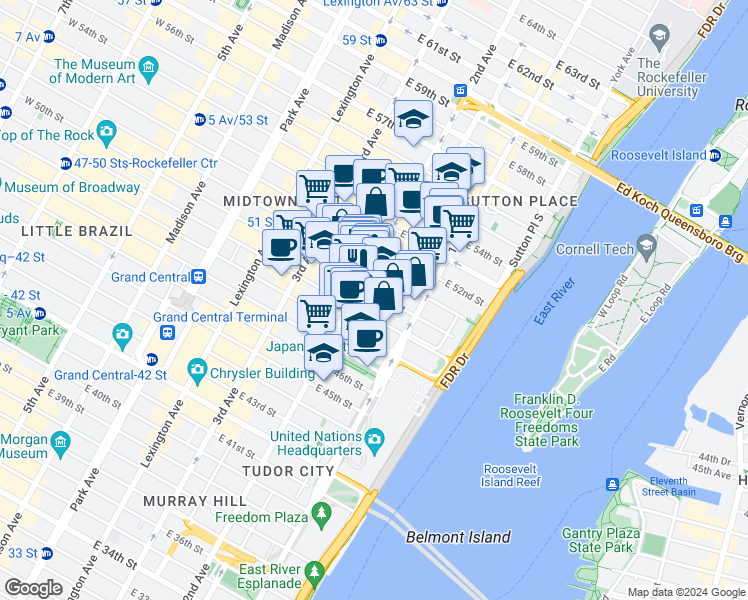 map of restaurants, bars, coffee shops, grocery stores, and more near 320 East 50th Street in New York