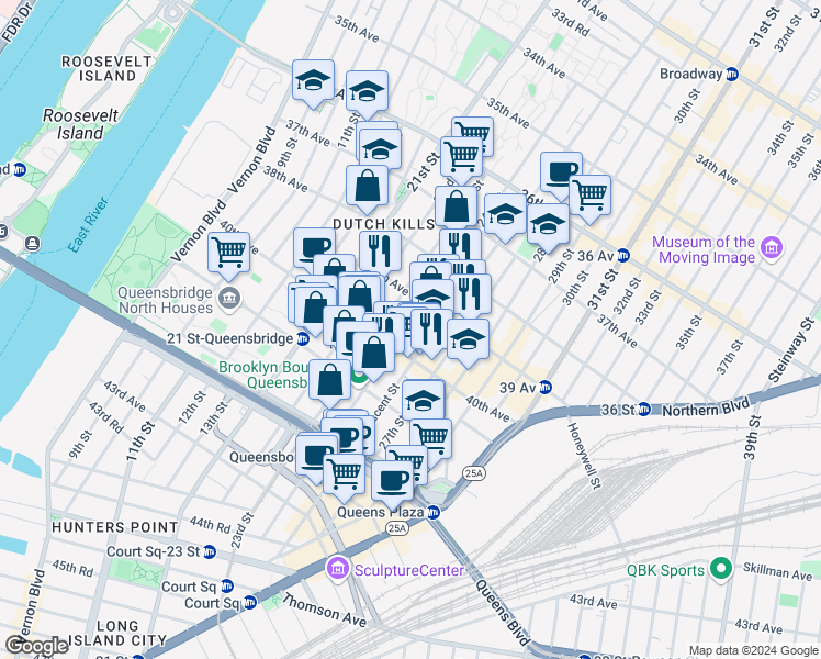 map of restaurants, bars, coffee shops, grocery stores, and more near 38-33 24th Street in Queens