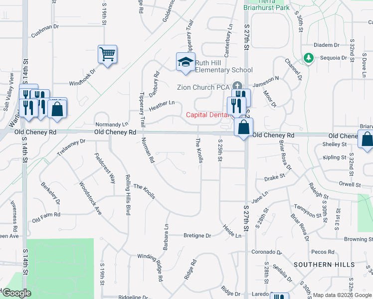 map of restaurants, bars, coffee shops, grocery stores, and more near 5707 The Knolls in Lincoln