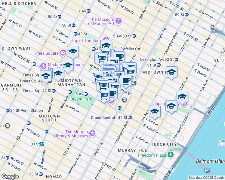 map of restaurants, bars, coffee shops, grocery stores, and more near 551 5th Avenue in New York