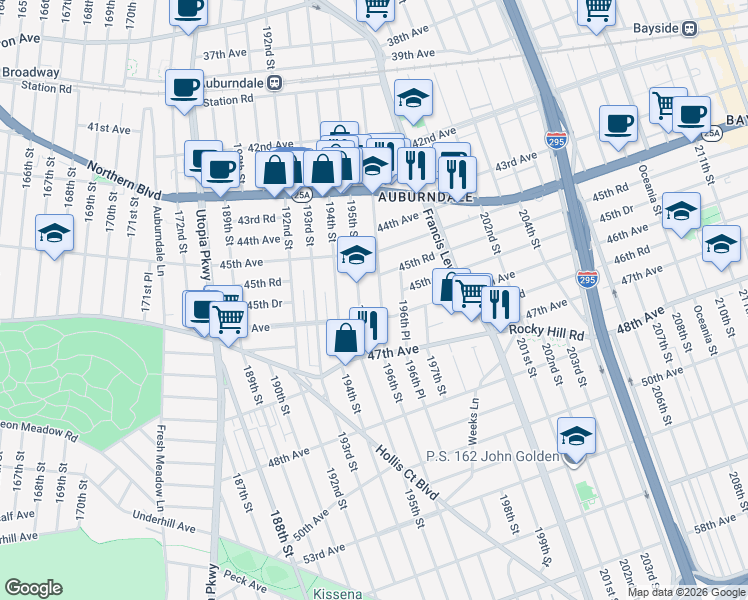 map of restaurants, bars, coffee shops, grocery stores, and more near 45-33 196th Street in Queens
