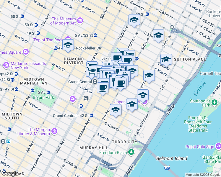 map of restaurants, bars, coffee shops, grocery stores, and more near East 47th Street in New York
