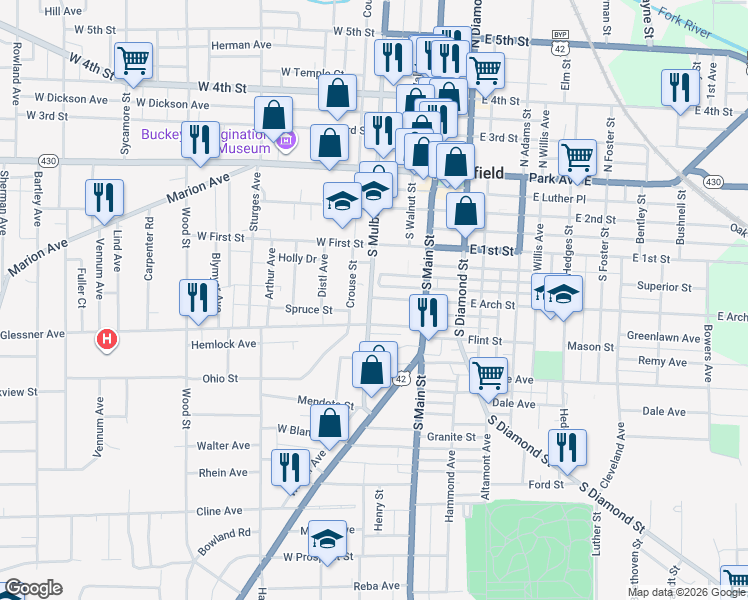 map of restaurants, bars, coffee shops, grocery stores, and more near 49 West Augustine Avenue in Mansfield
