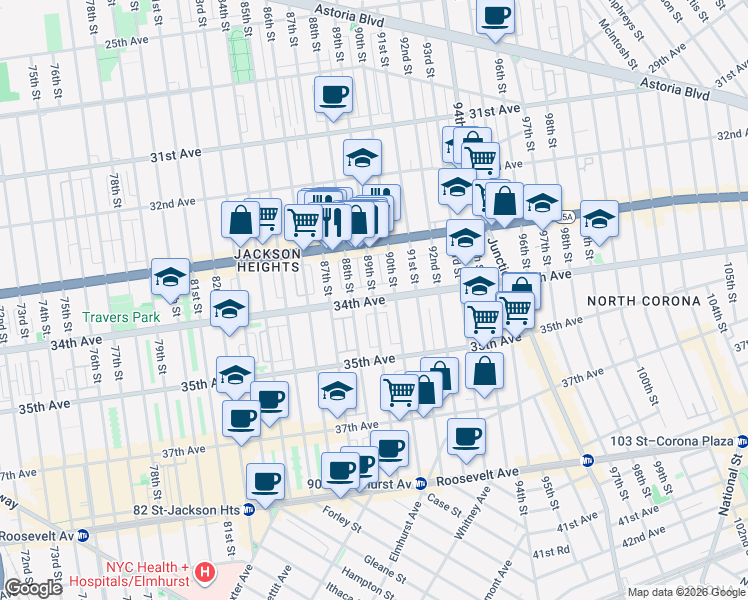 map of restaurants, bars, coffee shops, grocery stores, and more near in Queens