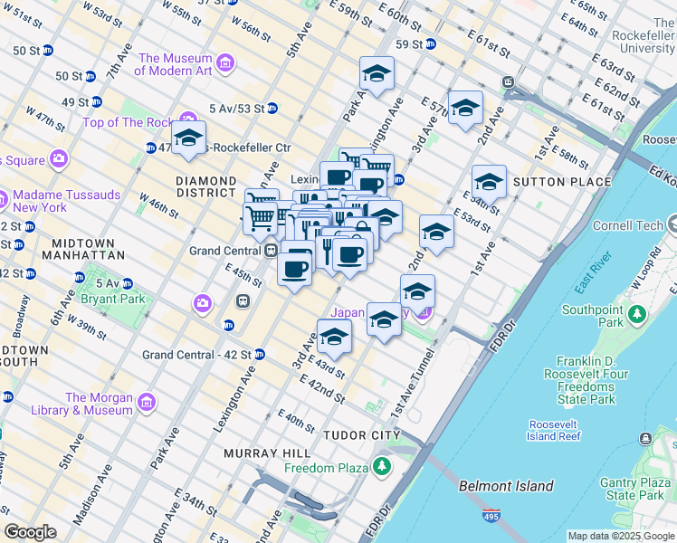 map of restaurants, bars, coffee shops, grocery stores, and more near 160 East 48th Street in New York