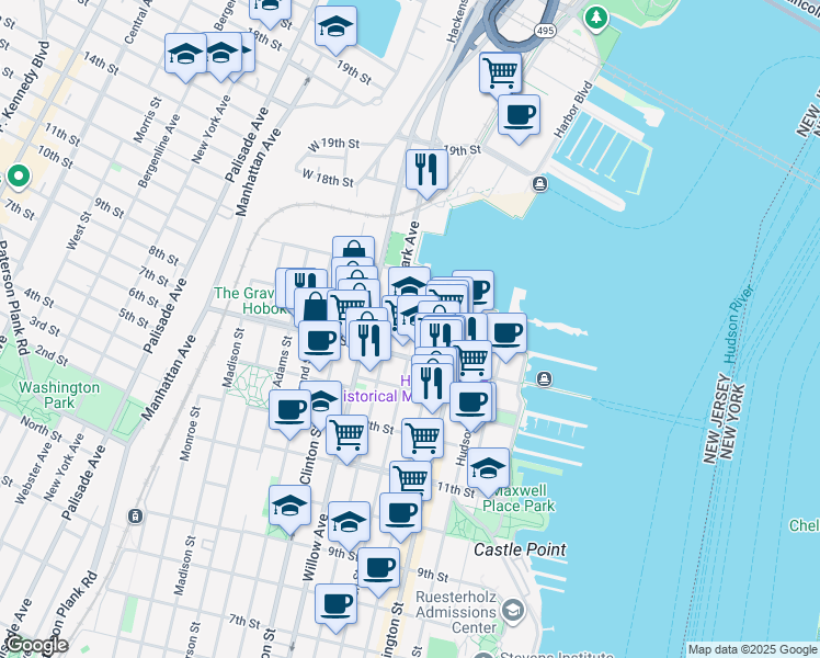 map of restaurants, bars, coffee shops, grocery stores, and more near 1501 Park Avenue in Hoboken