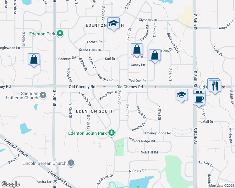 map of restaurants, bars, coffee shops, grocery stores, and more near 7651 Kennelley Drive in Lincoln