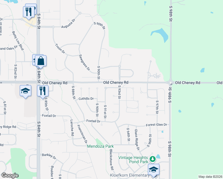 map of restaurants, bars, coffee shops, grocery stores, and more near 9200 Merryvale Drive in Lincoln