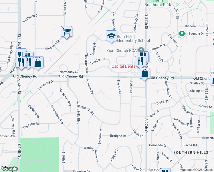 map of restaurants, bars, coffee shops, grocery stores, and more near 2333 Old Cheney Road in Lincoln