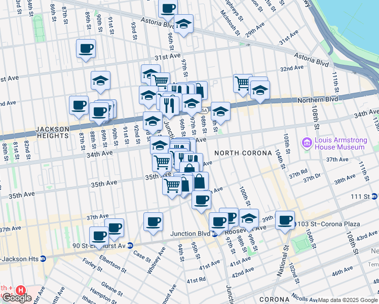 map of restaurants, bars, coffee shops, grocery stores, and more near 34-4 96th Street in Queens