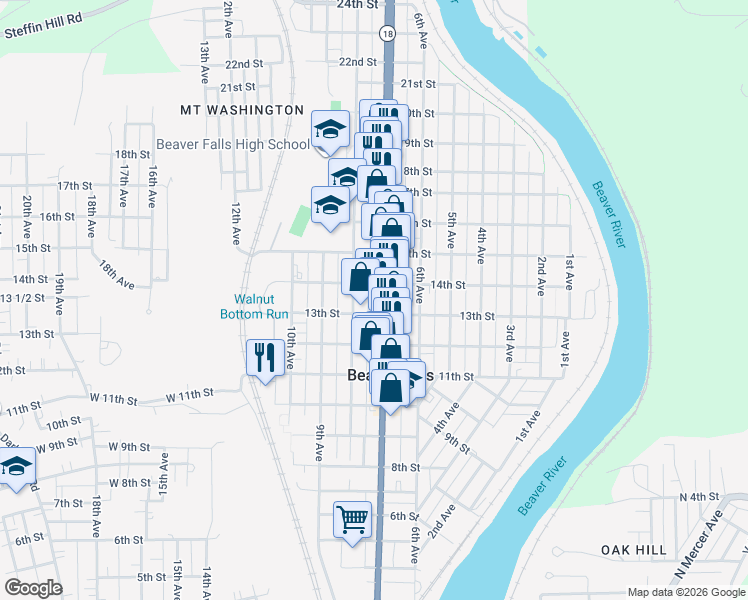 map of restaurants, bars, coffee shops, grocery stores, and more near 716 14th Street in Beaver Falls
