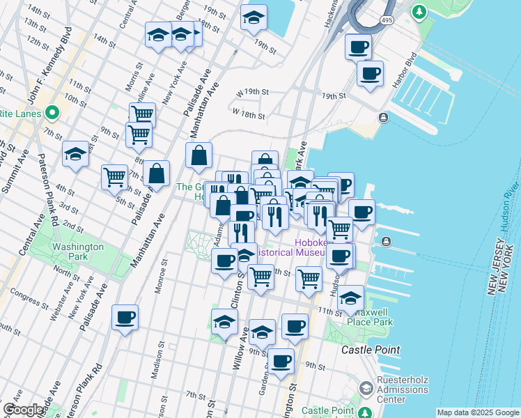 map of restaurants, bars, coffee shops, grocery stores, and more near 1405 Clinton Street in Hoboken